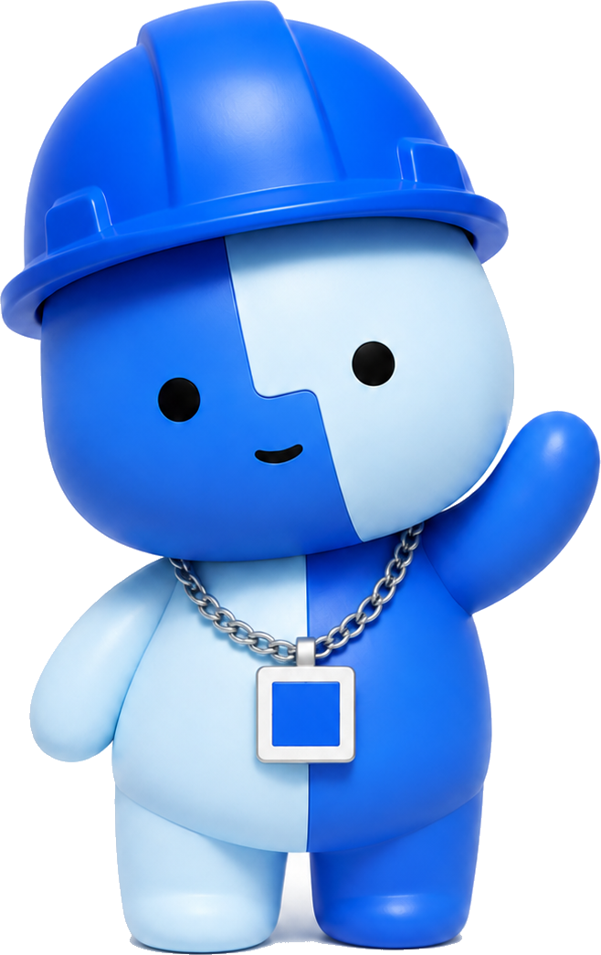 Lil Finder Guy in a blue hardhat waving